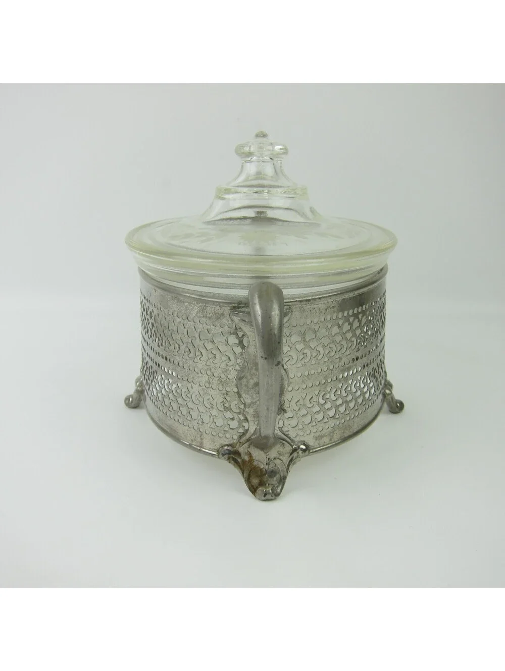 Vintage PYREX Covered Casserole Dish Floral Etched Lid Mara Silver Metal Stand
